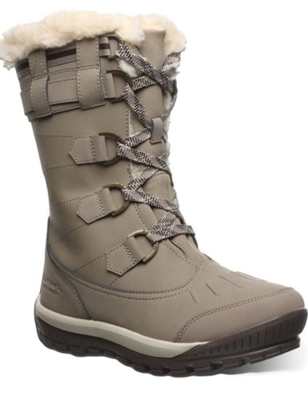 Bearpaw Desdemona Lace Up Tall Boots Leather Faux Fur Stone Gray Size 7 NEW